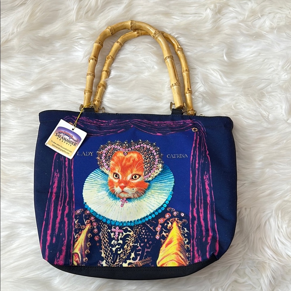 Blue Cat Print Tote Bag with Bamboo Handles